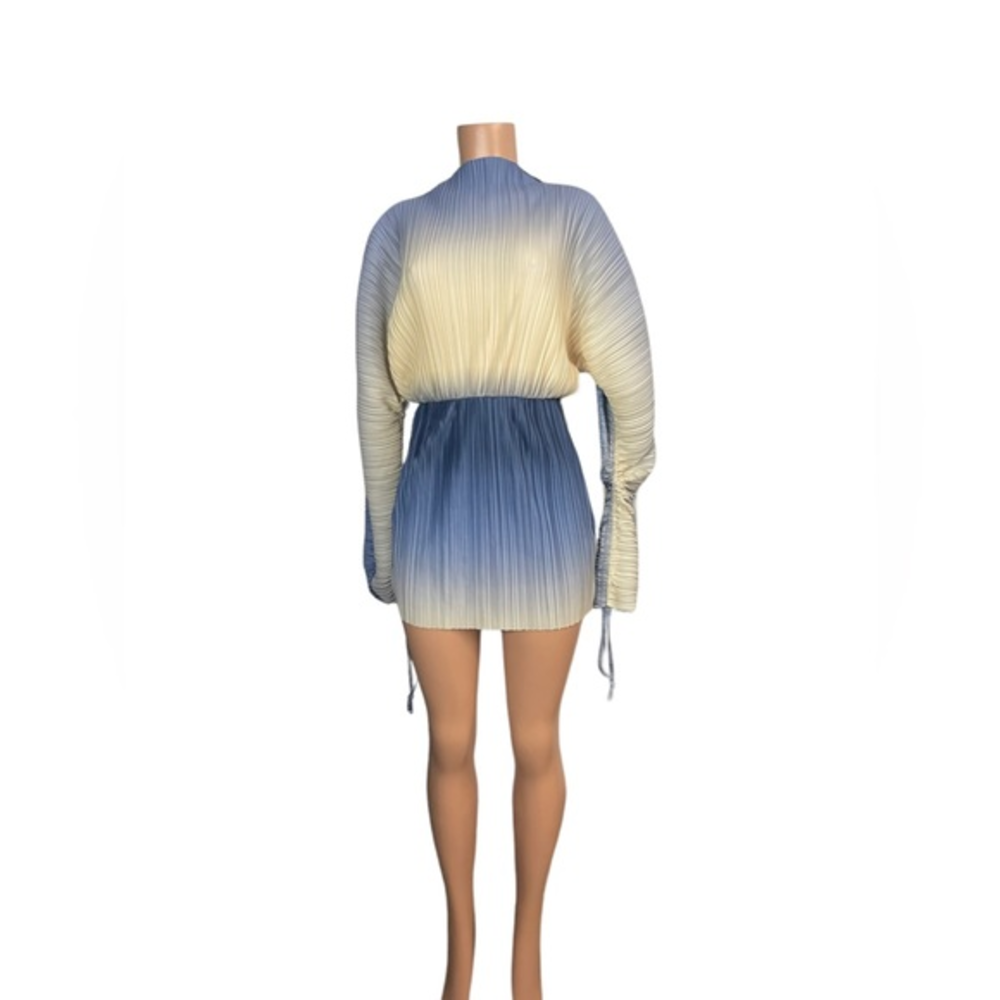 Blue and cream mini‎ long  sleeve drawstring sleeve dress